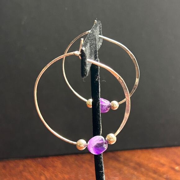 Vintage Sterling Silver Hoop Earrings – Amethyst Beads, 1990s Y2K, 6.5g - Picture 5 of 5